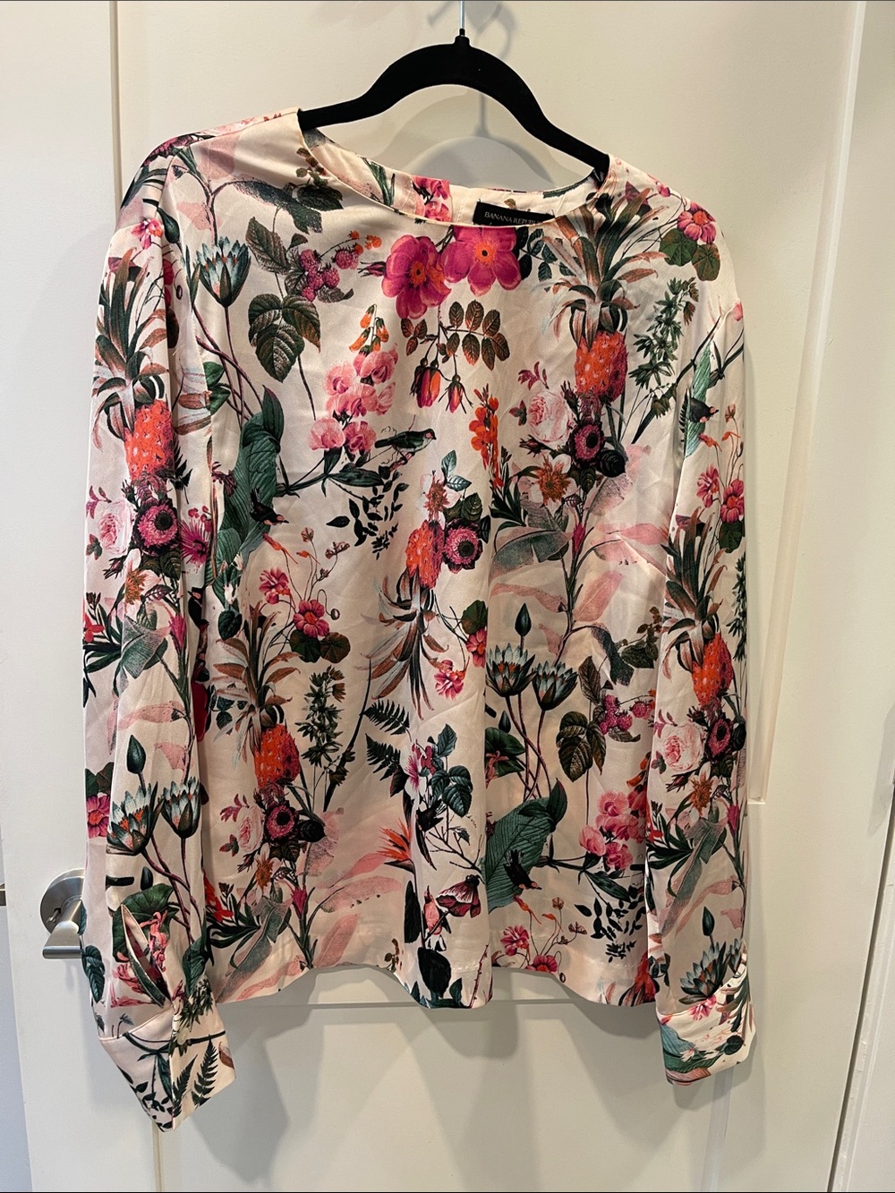 Banana Republic Floral Satin Long-Sleeve Blouse - Pink & Green Sz XL